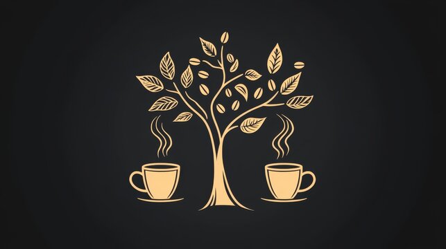 80.A minimalist vector design showcasing an abstract coffee tree formed by cups and coffee beans, with clean outline sketches and subtle details against a stark black background, creating a sleek and
