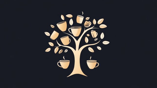 80.A minimalist vector design showcasing an abstract coffee tree formed by cups and coffee beans, with clean outline sketches and subtle details against a stark black background, creating a sleek and