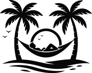 Silhouette relaxing on a beach under a palm tree