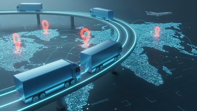 The cargo trucks moving on a glowing world map with network lines showing global tracking in cold chain logistics solutions system