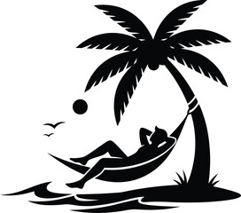 Silhouette relaxing on a beach under a palm tree