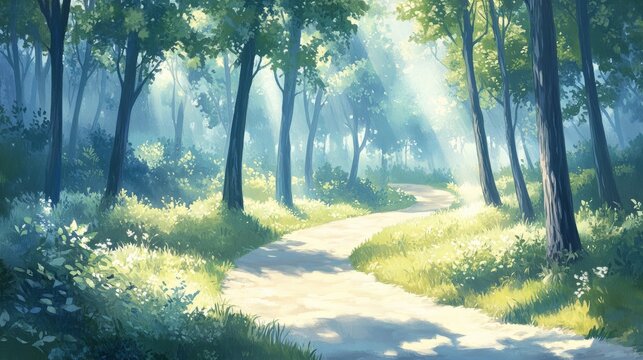 98.A peaceful image of a winding trail through a lush, green Croatian forest, with sunlight gently filtering through the tall trees, illuminating the path that disappears into the forest, inviting a