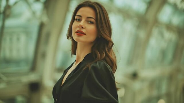 A confident and elegant woman stands poised, looking directly at the viewer with a serious yet determined expression. She wears a sophisticated black blouse with statement sleeves and a delicate neckl