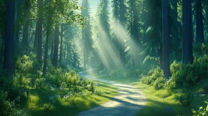 Obraz premium 96.A serene and captivating view of a forest path winding through the dense, misty woods of Croatia, with tall, ancient trees casting long shadows on the ground, creating a sense of mystery and