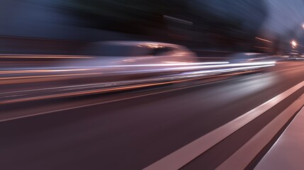 Dynamic urban night scene with motion blur of moving vehicles, vibrant light trails, headlights illuminating city streets, capturing the energy of city transportation