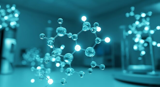 Stunning molecule structure with glowing spheres, perfect for science, technology, or medical presentations, inspiring innovation, research, and cutting-edge development visuals