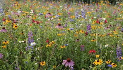 Colorful wildflower field in bloom under natural daylight native wildflower patch 