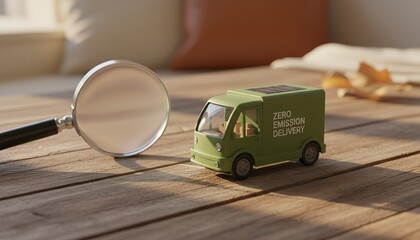 Green delivery van model with magnifying glass on wooden table zero emission delivery