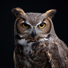 Obraz premium Majestic owl bird of prey captured in natural habitat showcasing sharp eyes, detailed feathers, nocturnal hunting behavior, and forest wildlife scene