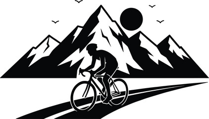 Cyclist silhouette on a scenic mountain road vector