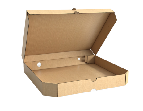 Open cardboard pizza box isolated on white background, delivery food container, takeaway