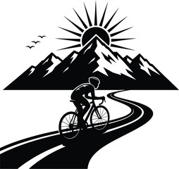 Cyclist silhouette on a scenic mountain road vector
