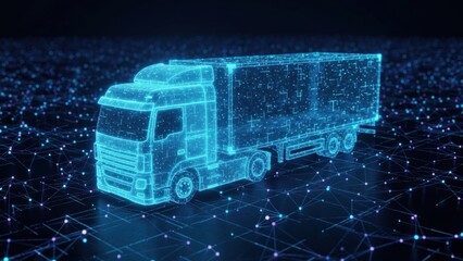 A futuristic truck made of glowing blue cubes symbolizing smart transport in cold chain logistics solutions