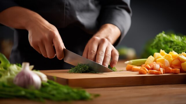 Professional kitchen setup showcasing chef preparing fresh vegetables with high-quality knife, chopping ingredients on cutting board for healthy meal preparation