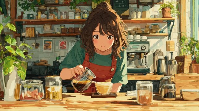 Anime barista girl preparing coffee in a sunny cafe, pouring a drink in a white cup at wooden counter, surrounded by coffee making tools