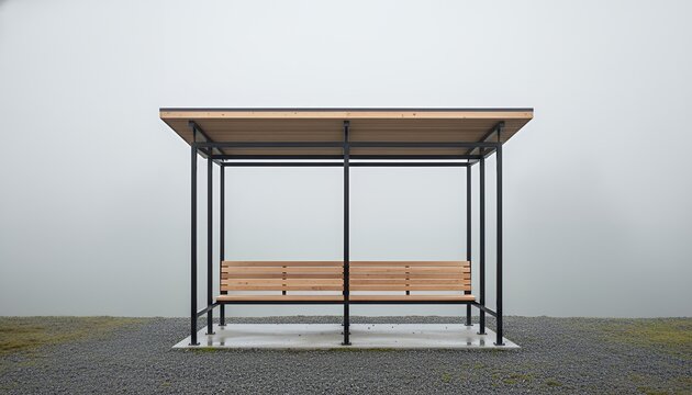 Modern bus stop shelter with wooden bench and minimal design rain shelter pavilion - Powered by Adobe
