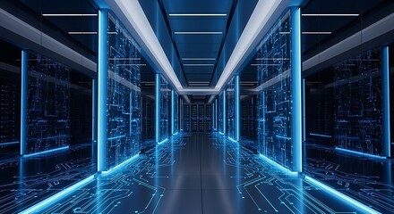 High-Tech Server Room with Glowing Network Overlay