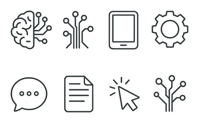 Futuristic tech icons: brain, circuit, smartphone, gear, chat, document, cursor