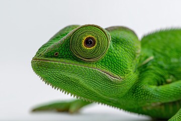 Vibrant green chameleon close-up showcasing detailed skin texture, captivating eyes, natural camouflage, exotic wildlife, and tropical rainforest habitat