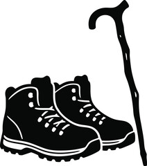 Hiking boots silhouette with walking stick