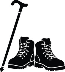 Hiking boots silhouette with walking stick