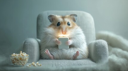 Cute fluffy hamster with glowing smartphone sits in tiny gray armchair beside bowl of popcorn. Concept of modern lifestyle, pet humor and technology dependence