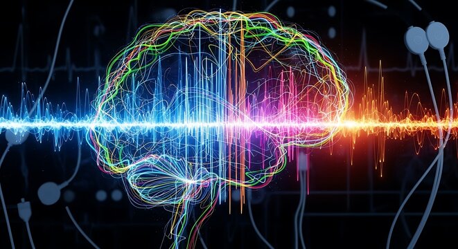 Dynamic brainwave visualization with vibrant energy pulses for scientific research and technology innovation, representing powerful neural activity and connectivity
