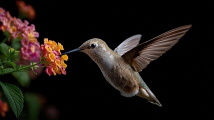 Obraz premium Beautiful hummingbird hovering near vibrant flower in natural outdoor setting showcasing delicate wings, colorful plumage, and pollination behavior