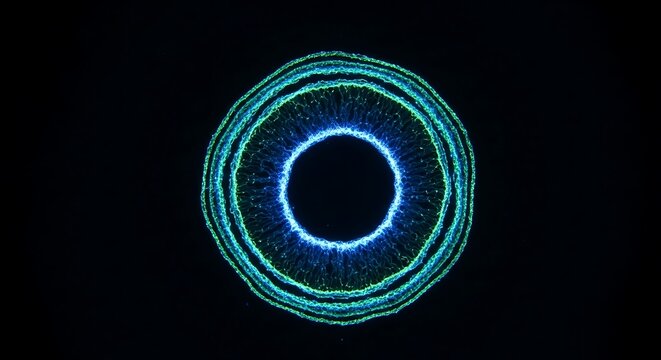 Stunning glowing blue and green energy circle on black, a modern abstract design perfect for technology, science, or spiritual concepts, creating a mesmerizing and dynamic visual effect