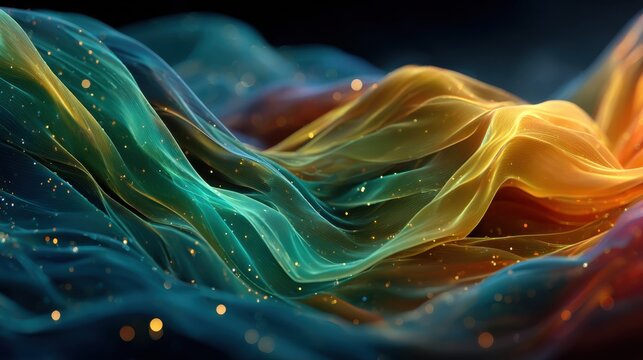 Abstract multicolored glass waves flow in a dynamic gradient from blue to red with depth and glow, suitable for design stock