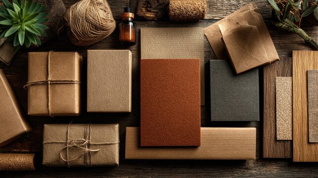 Kraft paper gift wrapping supplies displayed in flat lay arrangement, including twine, brown envelope, and scissors on a neutral background