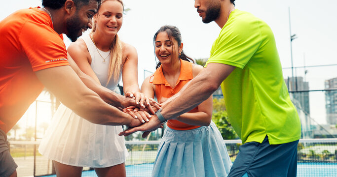 Fitness, stack of hands and people on tennis court for workout or training together for match. Huddle, friends and athletes with teamwork for padel exercise, sports or practice for game outdoor. - Powered by Adobe