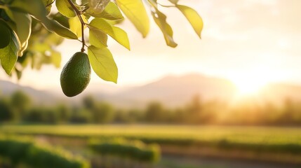 16.A vibrant image capturing the freshness of a green Hass avocado hanging from a tree branch, bathed in warm sunlight, with a rustic Mexican agricultural field stretching out in the background.