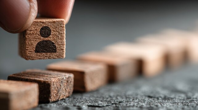 Upskilling and personal development concept showing a knitted figure climbing wooden steps, representing skill training and education
