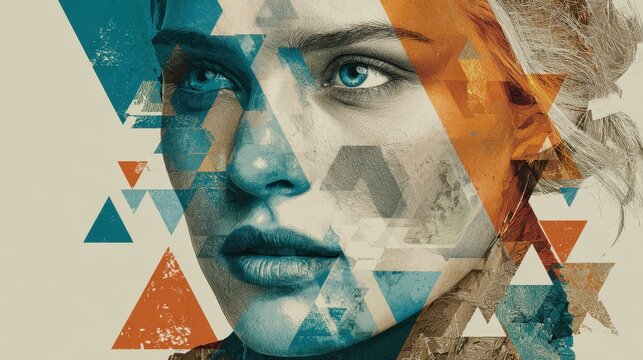Abstract Geometric Portrait Featuring a Young Woman With Intense Gaze and Angular Shapes Overlaying Her Face, Teal, and Orange Accents