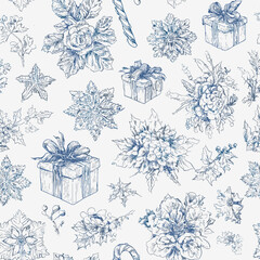 Blue Toile Christmas Seamless Pattern 18 with Gift Boxes, Holly Branches, Snowflakes and Candy, Vintage Holiday Floral Vector