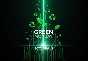 Green monday eco deals with recycling symbol and plant growth on dark background