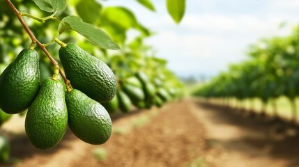 56.A wide shot of an expansive organic avocado plantation, with rows of avocado trees bearing fruit in various stages of ripeness, set against a clear blue sky and the peaceful rural landscape