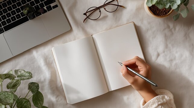 Top view of female Asian hand holding pen over open blank notebook near laptop and plants. Concept for planning, journaling, education, or creative writing workspace