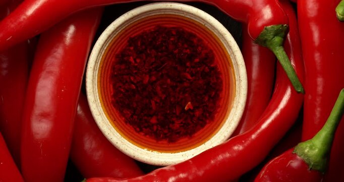 Chili oil and fresh chili peppers top view. Close-up footage on a rotating table.
