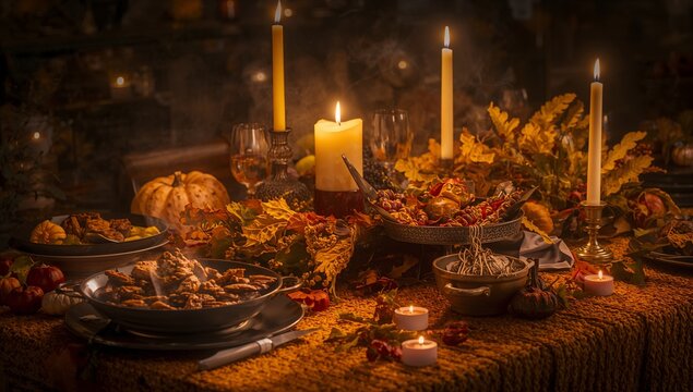Cozy Autumn Thanksgiving Table with Warm Candlelight and Seasonal Food	