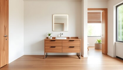 Bright, minimalist bathroom featuring a wooden vanity with a sink and illuminated mirror, open doorway and wooden floors.