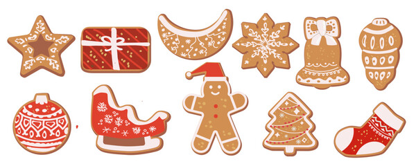 Set of gingerbread and christmas cookies in cartoon flat style. Vector illustration of gingerbread man, sock, spruce, snowflake, star, christmas baubles and santa sled. Winter homemade xmas cookies.