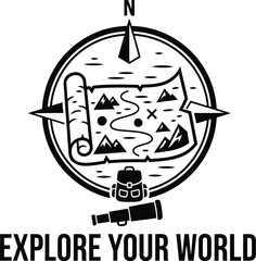 Compass and map vector silhouette for navigation and exploration.