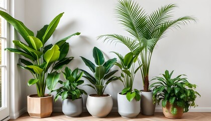 Obraz premium A collection of potted houseplants, including palms and broad-leafed varieties, arranged against a white wall in a bright, minimalist interior setting.