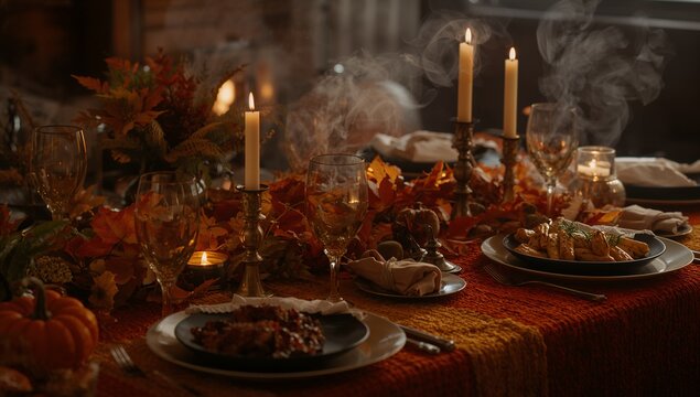 Cozy Autumn Thanksgiving Table with Warm Candlelight and Seasonal Food	