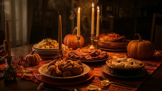 Cozy Autumn Thanksgiving Table with Warm Candlelight and Seasonal Food	