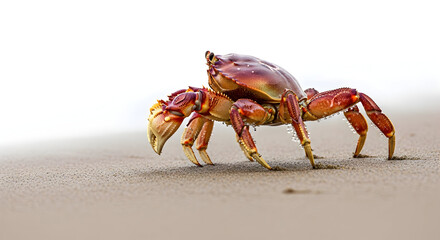 Vibrant red-orange crab scurrying across the pristine sandy beach under bright natural light, showcasing the delicate details of its shell and legs in a captivating close-up wildlife moment