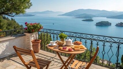 Fototapeta premium Breakfast on a balcony overlooking a beautiful blue sea and islands