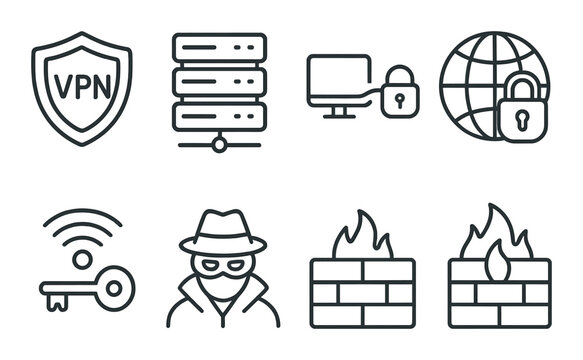 Cybersecurity icons: vpn, firewall, encryption, secure network